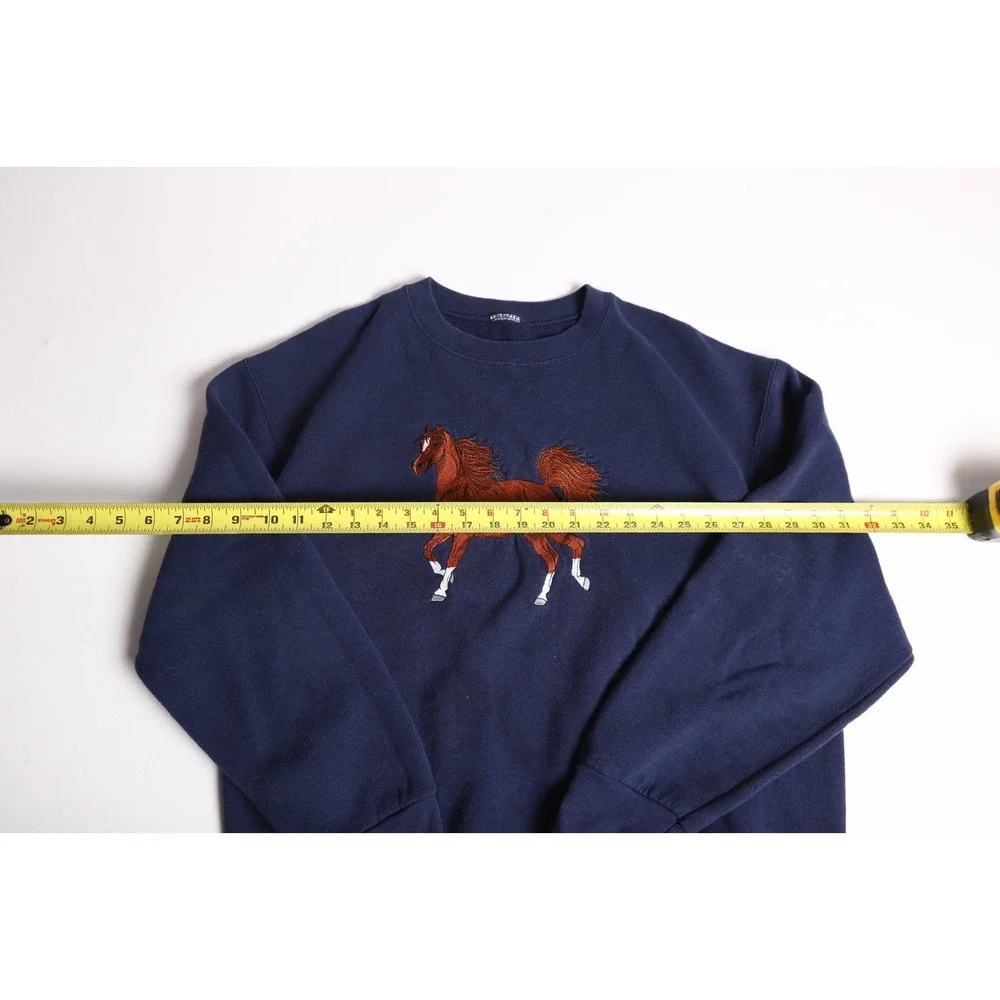Vintage Navy Blue Horse Embroidery Crewneck Sweatshirt Equestrian Pullover